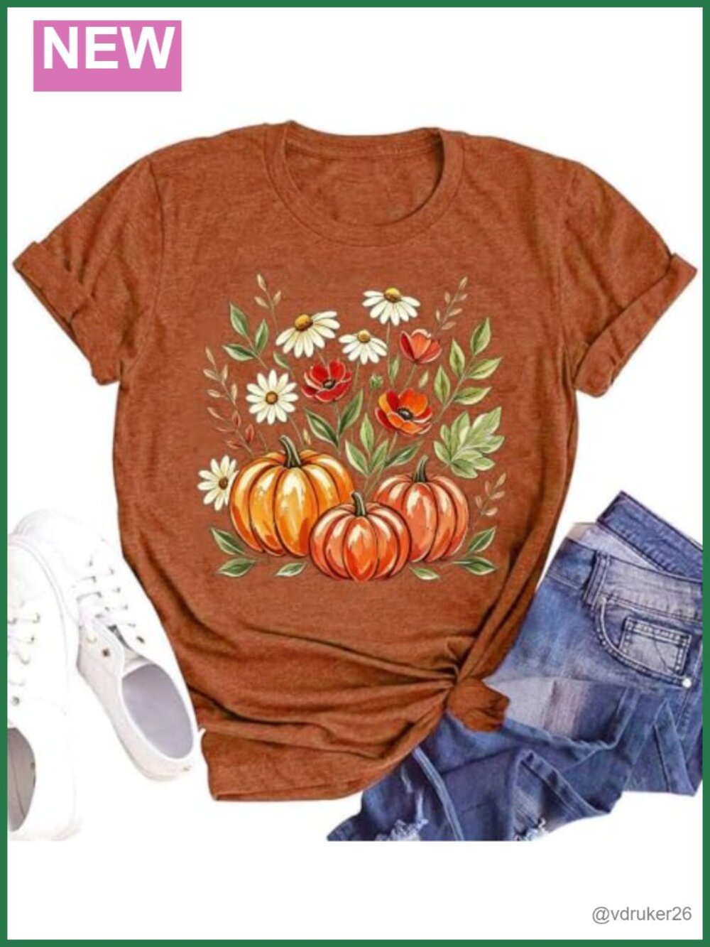 Womens Fall Pumpkin Floral Graphic Tee Short Sleeve Cotton Blend T-Shirt
